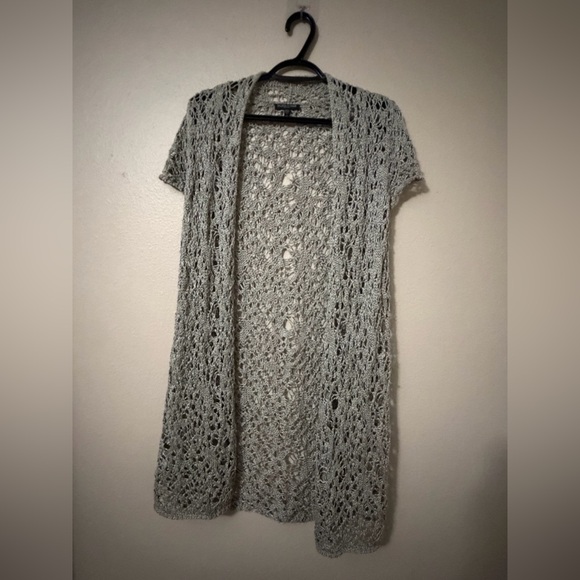 Eileen Fisher Sweaters - Open-Knit Short Sleeve Cardigan Sweater - Light Gray -Eileen Fisher